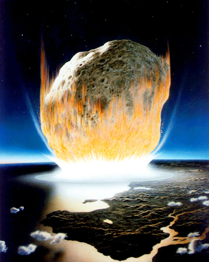 Illustration of the K/T extinction event theory in which an asteroid impacted the Earth 65 million years ago.