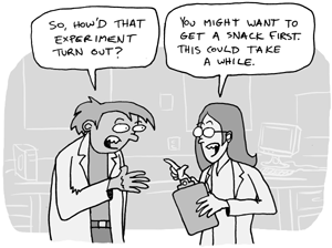 Illustration of two scientists talking about an experiment taking a while.
