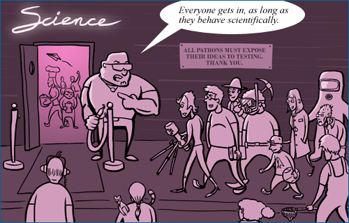 Illustration of a bouncer in front of the door to a club that reads 'Science' and only allowing in people that behave "scientifically". 