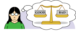 Illustration of a woman thinking about scales with 'good' on one side and 'bad' on the other, evenly balanced.