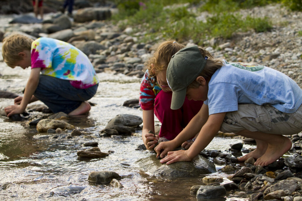 children examining rocks at the river shore.