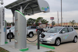 Nissan LEAF electric car plugged in to charge.