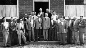 Black and white photograph of the attendees of the first Pugwash Conference in 1957, including Rotblat.