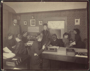 Women at work at the Harvard College Observatory in 1891. Edward Pickering is standing in the corner to the left.