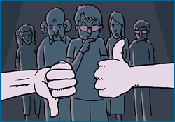 Illustration of people in the background with a thumbs down on the left and a thumbs up on the right in the foreground.