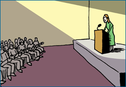 Scientist presenting in front of an audience.
