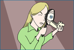 Woman with a magnifying glass looking at a jaw bone.