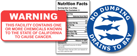 Warning label about cancer, nutrition facts label and "no dumping drains to the bay" label.