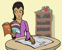 Woman sitting at a table reading the newspaper and a scientific journal entitled 'Climate'.