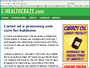 Article on the website 'E-Healthcraze.com' titled "Carrot oil a promising new cure for baldness" next to an advertisement on the same website for Carrot oil that claims "lowest prices" and "healing power".