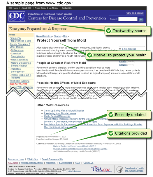 A sample page from cdc.gov about how to check for reputable scientific resources online.