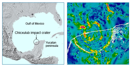 At left, a map showing the location of the Chicxulub impact crater. At right, a horizontal gradient map of the gravity anomaly over the Chicxulub crater.