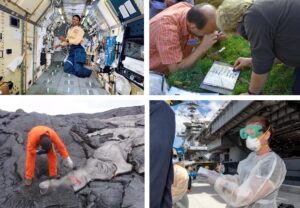 Four images, top left: an astronaut floating in zero gravity, top right: two soil scientists examining grain size, bottom left: geologist gathering a lava sample from an active flow in Hawaii, bottom right: a Navy doctor takes a survey from a U.S. Sailor on a ship.