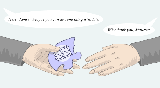 Illustration with one hand passing a puzzle piece to another.