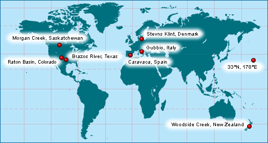 This world map shows some of the sites where an iridium anomaly at the KT boundary has been observed.