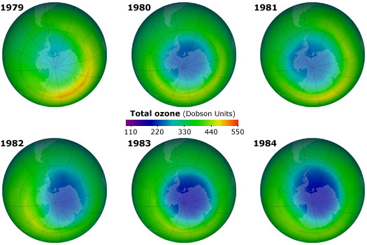 Maps generated from NASA satellite data that show the growing hole in the ozone layer over Antarctica for each October from 1979 to 1984.