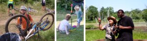 3 photo collage: on the left a man works on his bike, in the center two children play with a stomp rocket, and on the right a man holding binoculars listens to a woman point something out while holding a book on 'Indiana Birding'. 