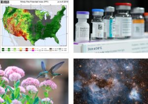 Four images: top left, windy fire potential map of the US, top right, COVID-19 vaccine vials, bottom left, a hummingbird, bottom right, galaxies.