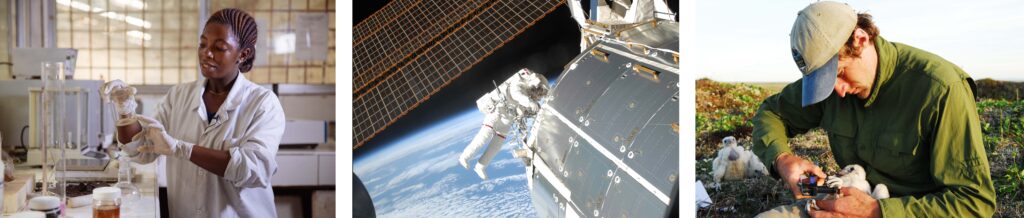 Image of scientist, astronaut and park ranger.