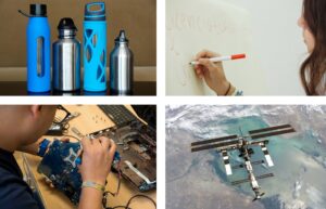 Four photos: top left reusable water bottles, top right a woman writing on a dry erase board, bottom left a man working on laptop components, bottom right the International Space Station orbiting Earth.