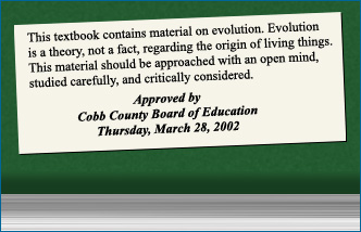 Illustration of a textbook warning label proclaiming that "...Evolution is a theory, not a fact..."