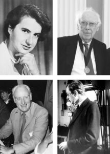 Four photos: Top row, Rosalind Franklin in 1956 and James Watson in 2005. Bottom row, Francis Crick in 1981 and Maurice Wilkins in 1963. 
