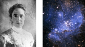 Two photographs: At left, Henrietta Leavitt. At right, a portion of the Small Magellanic Cloud.