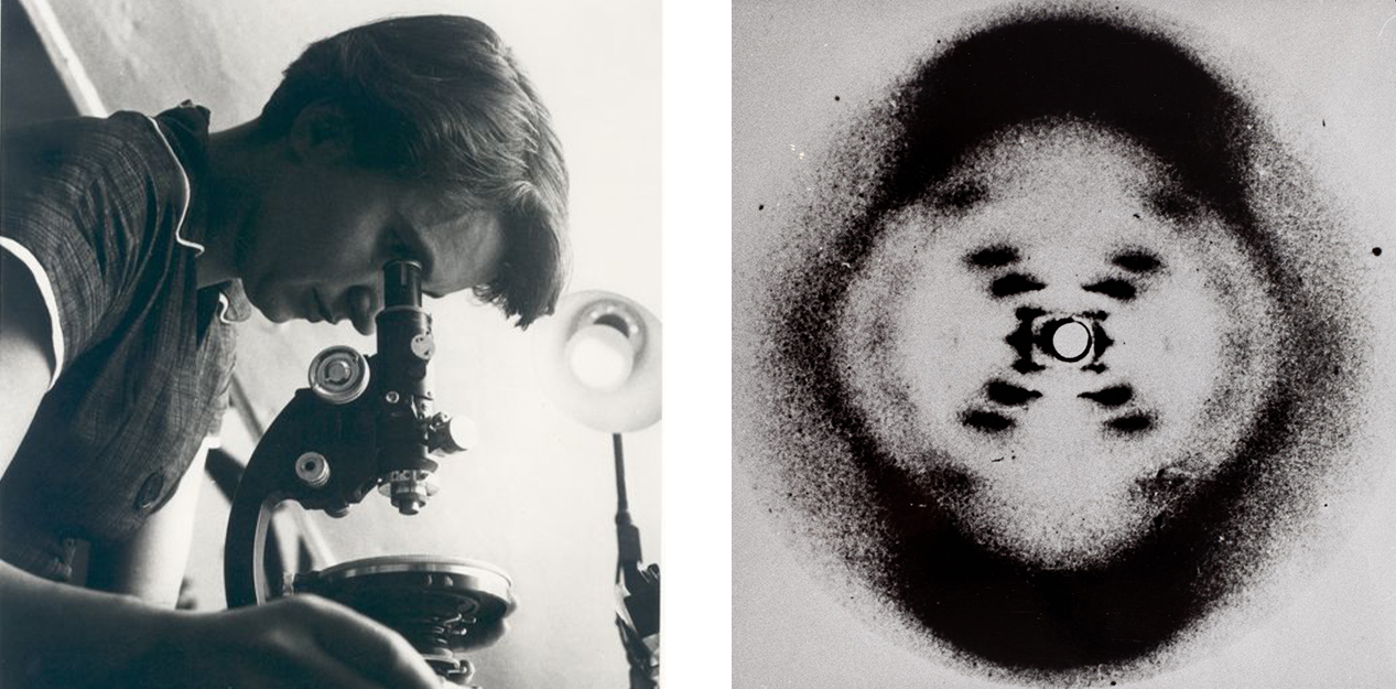 Black and white photo of dark haired white woman looking into a microscope, adjacent to x-ray crystallography image shaped like an X