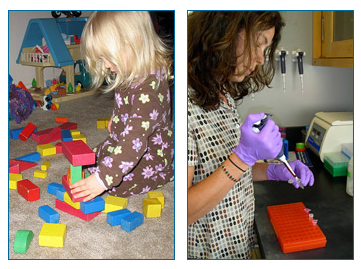 Photo of a child playing with blocks and a woman conducting research in a lab.