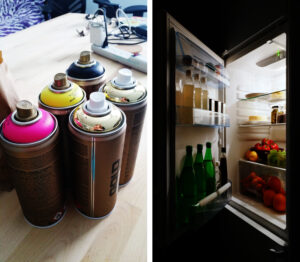 Spray paint cans (left) and refrigerator (right).