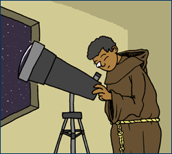 A monk looking through a telescope at the sky.