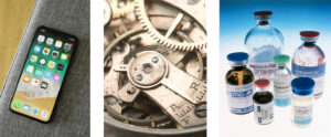 Three photos: cell phone (left), watch gears (center), chemo therapy drugs (right).