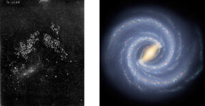At left, a photographic plate used by Leavitt as evidence in her study of variable stars. The bright white marks are her notations on the back of the plate. At right, the Milky Way galaxy.