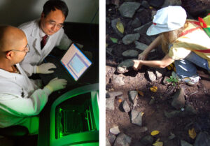 Photo of two scientists in a lab (left), photo of girl picking up a rock (right).