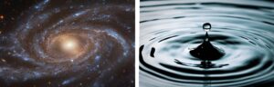 Two images: on the left a galaxy, on the right a water droplet.
