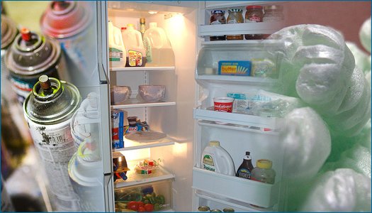 Composite image of aerosol cans, a refrigerator, and styrofoam.