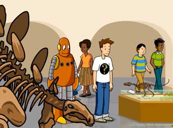 Cartoon image of people and a robot visiting the paleontology section of a museum.