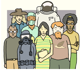 A cartoon showing eight individuals of various cultures including a cowboy, a diver and an astronaut depicting diversity in science.