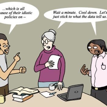 Cartoon of three scientists, one disagrees but the other two remind them to stick to the data.