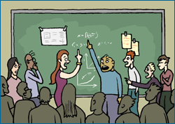 People talking animatedly in front of a chalkboard