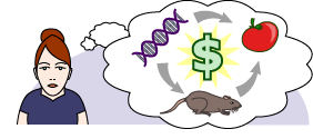 A person with red hair in a bun with a thought bubble containing a DNA strand, a rat, and an apple circling a dollar sign.