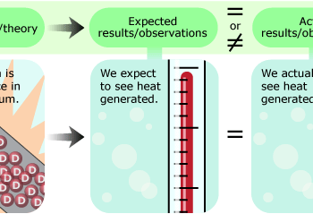 Top row with phrases in green bubbles correspond to image below. First column "Hypothesis/theory" with an image of D particles inside a palladium rod and “Cold fusion is taking place in the palladium”. The next column shows “Expected results/observations” with a thermometer at a high heat. “We expect to see heat generated.” In the next column, we see “equal to or not equal” to “Actual results/ observations” which shows the same.