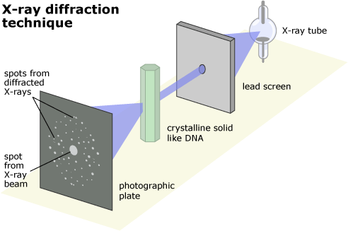Diagram showing x-ray passing through a lead screen, crystalline solid, photographic plate showing spots of diffracted x-rays.