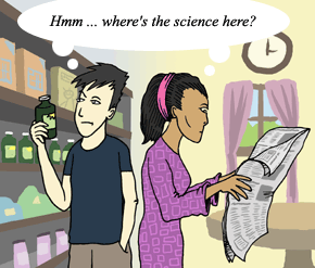 cartoon of a man holding a bottle and woman reading newspaper both thinking "Hmm... where's the science here?"