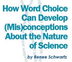 Graphic with text "How Word Choice Can Develop (Mis)conceptions About the Nature of Science" by Renee Schwartz