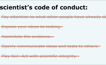All items crossed out on list of Scientist's code of conduct.