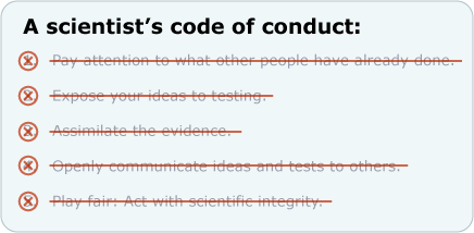 All items crossed out on list of Scientist's code of conduct.