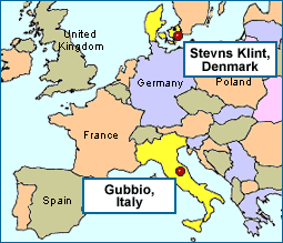 Map of Europe highlighting the cities Gubbio, Italy and Stevns Klint, Denmark.