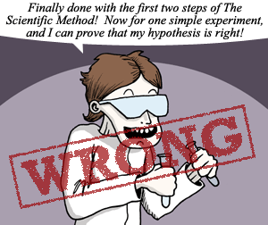 The word "wrong" stamped over exaggerated cartoon of scientist saying, "Finally done with the firs two steps of The Scientific Method