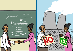 Two sided illustration. One side shows two scientists in front of chalkboard shaking hands. The other side shows the same scientists in front of nuclear power plant, one holds a "yes" and the other holds a "no." sign.